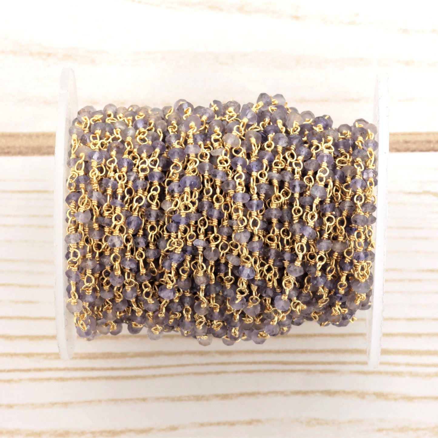 Blue Iolite 3mm Faceted Rondelles Rosary Chain Sterling Silver with Gold Plating Wire Wrap Chain by the Foot