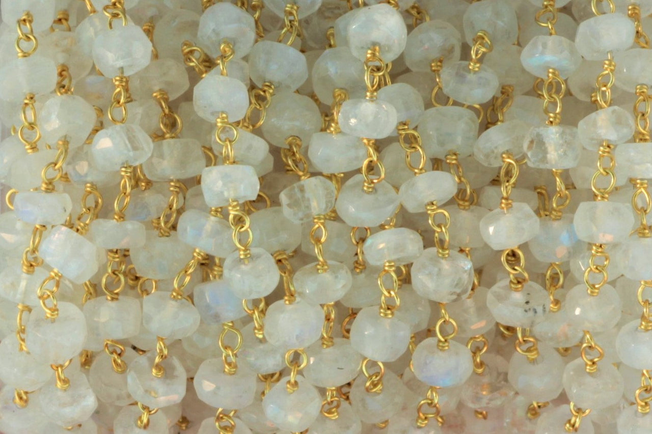 Blue Rainbow Moonstone 5mm Faceted Rondelles Rosary Chain Sterling Silver with Gold Plating Wire Wrap Chain by the Foot