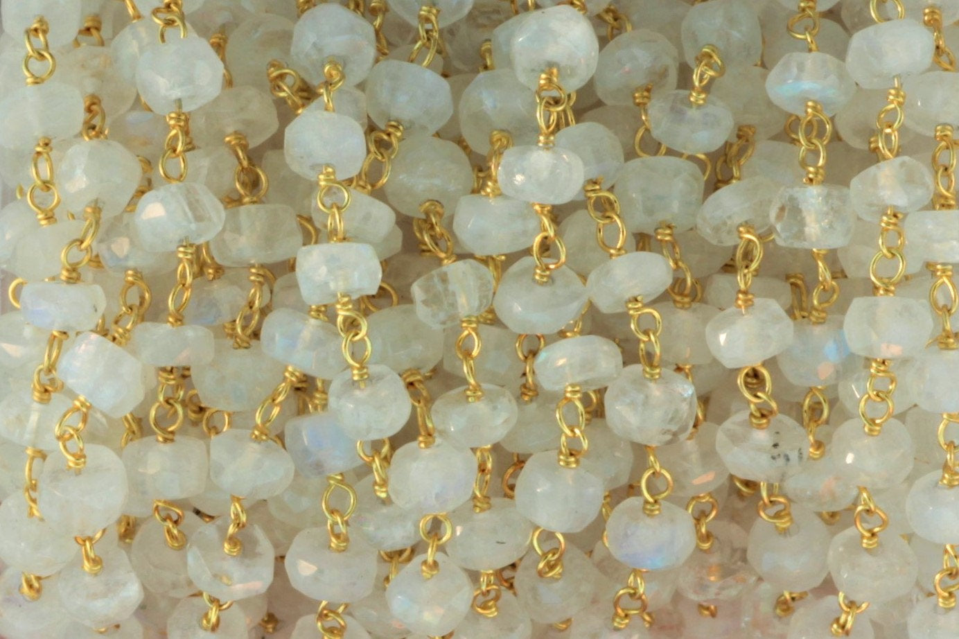 Blue Rainbow Moonstone 5mm Faceted Rondelles Rosary Chain Sterling Silver with Gold Plating Wire Wrap Chain by the Foot