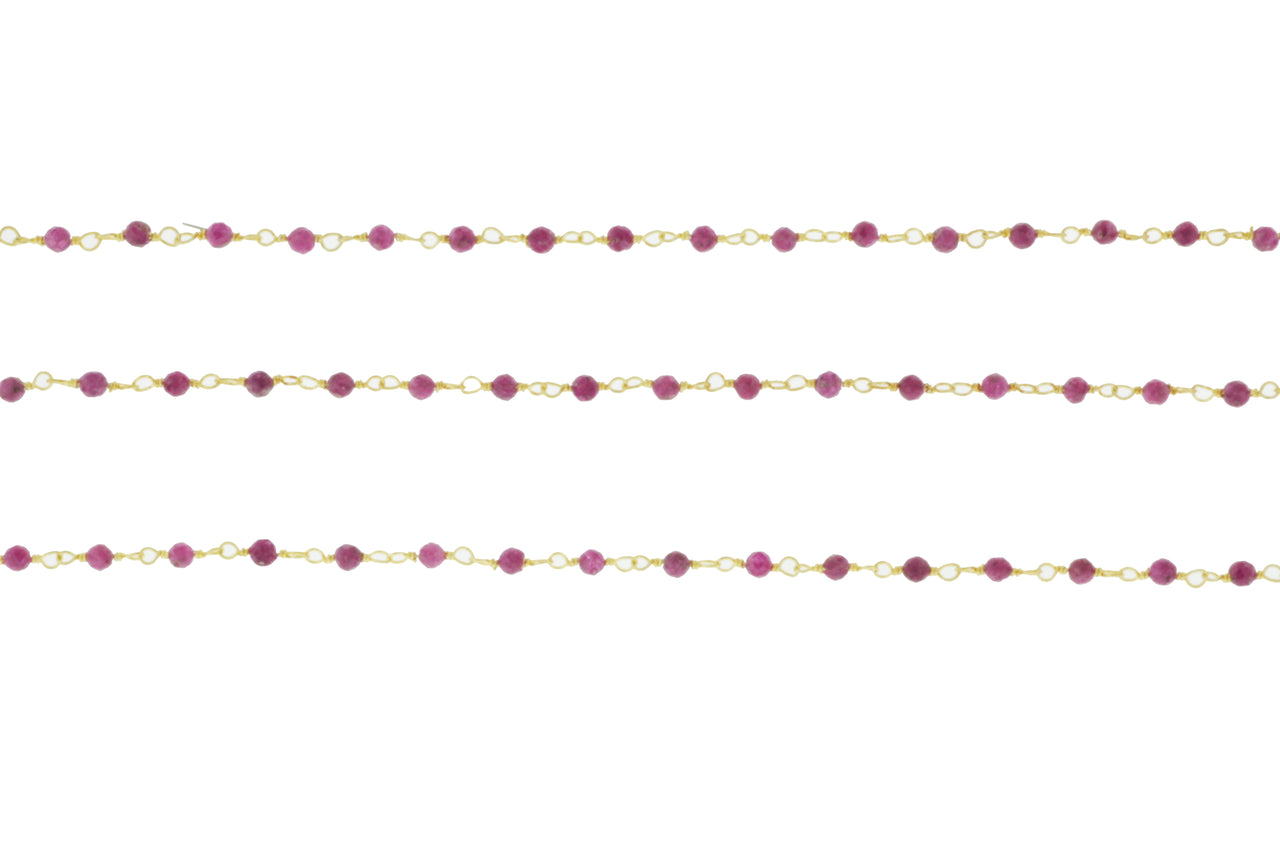 Red Ruby 2.5mm Faceted Rounds Rosary Chain Sterling Silver with Gold Plating Wire Wrap Chain by the Foot