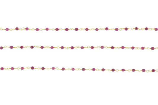 Red Ruby 2.5mm Faceted Rounds Rosary Chain Sterling Silver with Gold Plating Wire Wrap Chain by the Foot