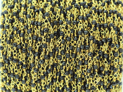 Black Spinel 2.5mm Faceted Rounds Rosary Chain Sterling Silver with Gold Plating Wire Wrap Chain by the Foot