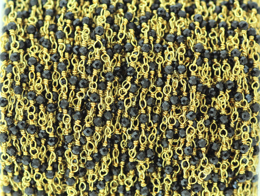 Black Spinel 2.5mm Faceted Rounds Rosary Chain Sterling Silver with Gold Plating Wire Wrap Chain by the Foot