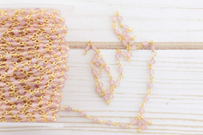 Pink Rose Quartz 3mm Faceted Rounds Rosary Chain Sterling Silver with Gold Plating Wire Wrap Chain by the Foot
