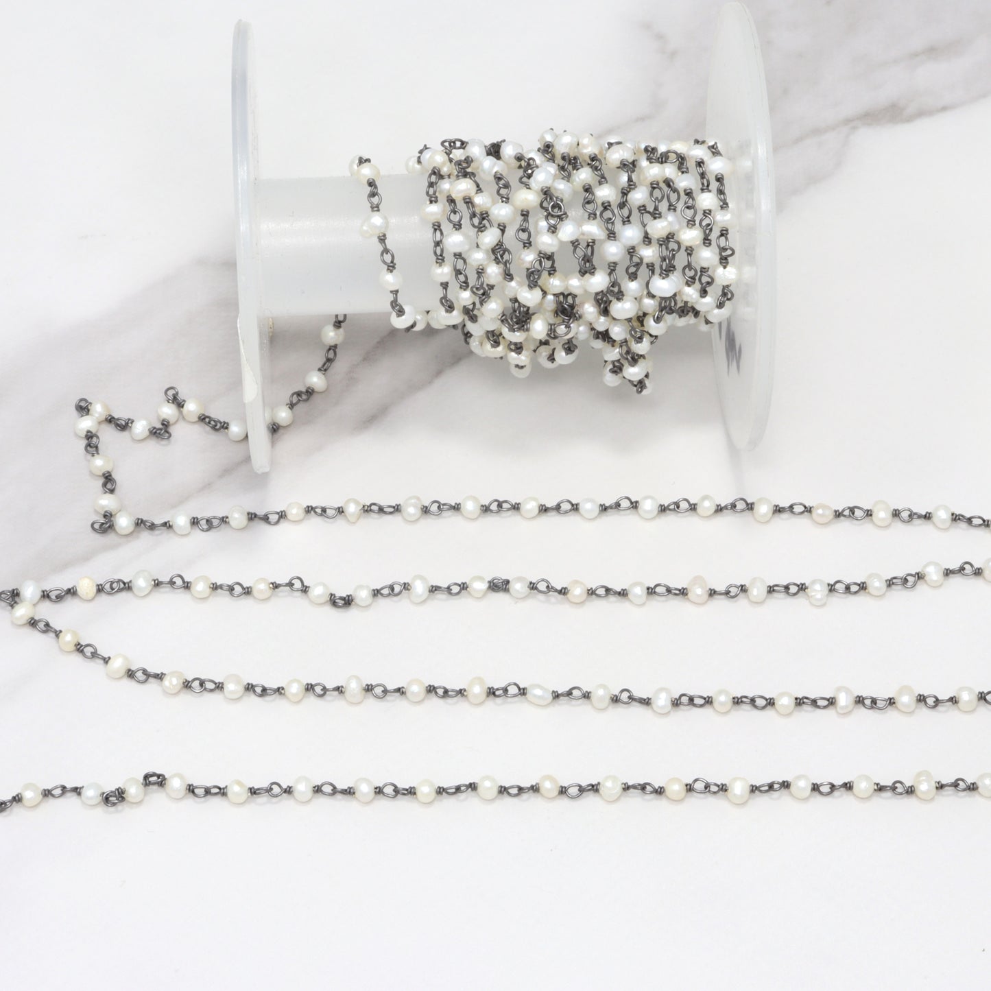 White Freshwater Pearl 3mm Smooth Rondelles Rosary Chain Sterling Silver with Black Rhodium Plating Wire Wrap Chain by the Foot