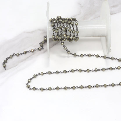 Natural Pyrite 4mm Faceted Rondelles Rosary Chain Sterling Silver with Black Rhodium Plating Wire Wrap Chain by the Foot