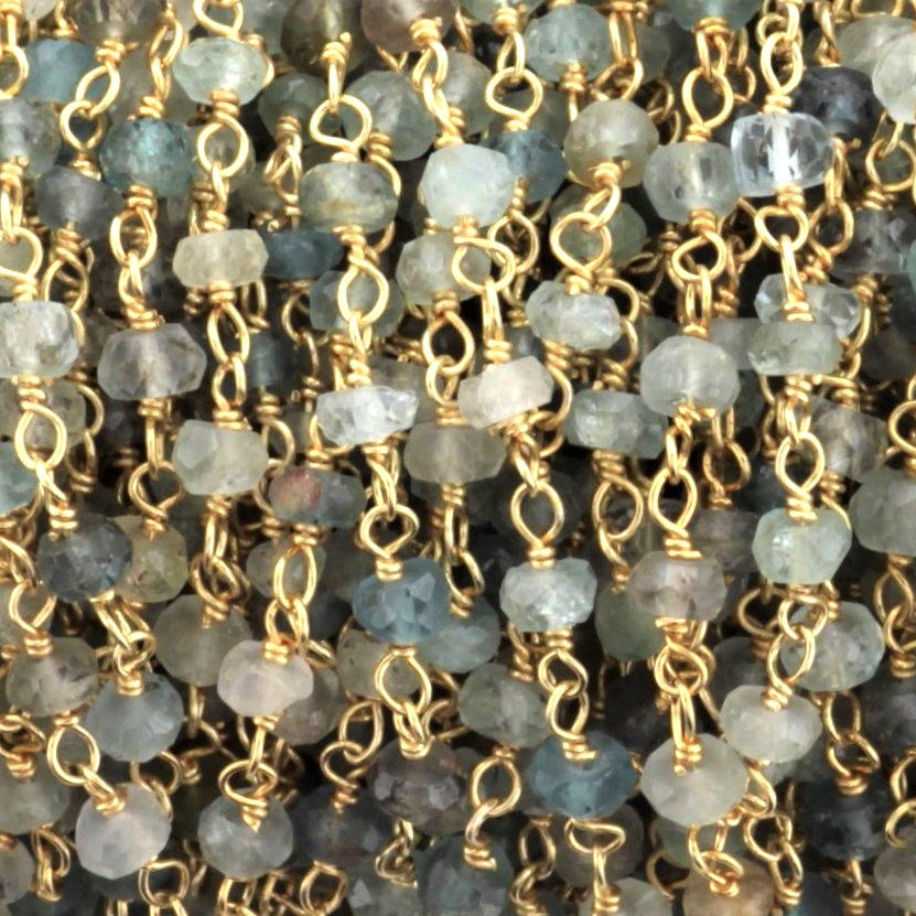 Moss Aquamarine 4mm Faceted Rondelles Rosary Chain Sterling Silver with Gold Plating Wire Wrap Chain by the Foot