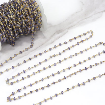 Blue Iolite 3mm Faceted Rondelles Rosary Chain Sterling Silver with Gold Plating Wire Wrap Chain by the Foot