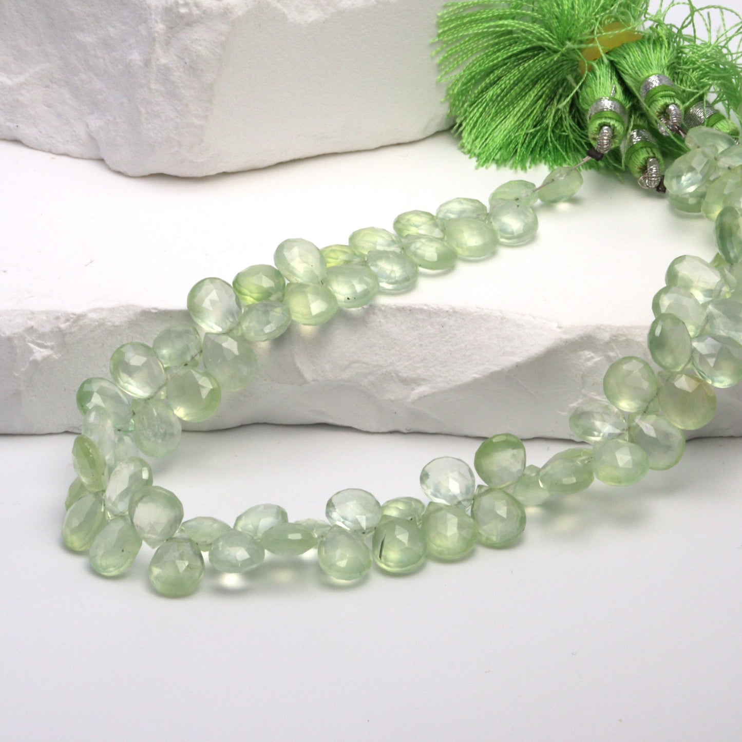 Green Prehnite 9x7mm Faceted Pear Shaped Briolettes Bead Strand