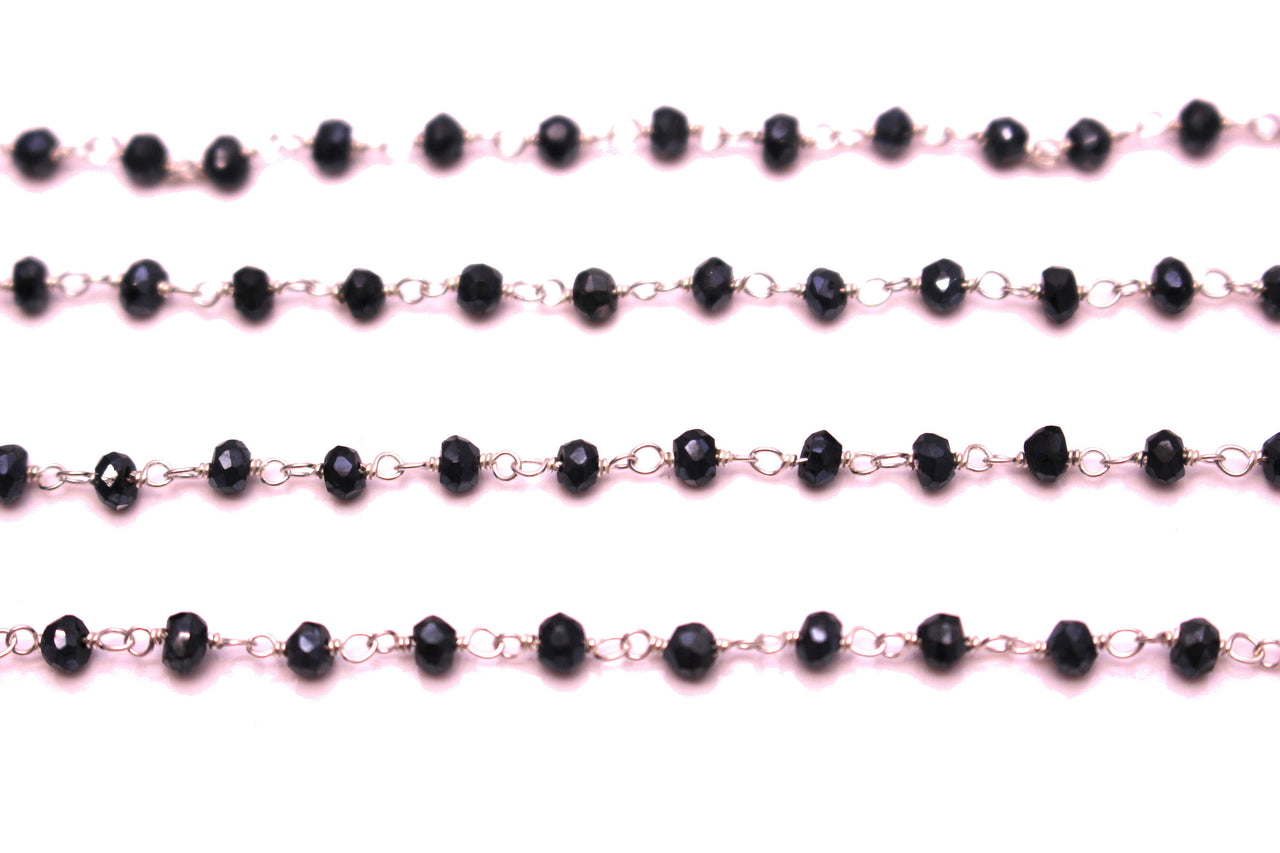 Coated Black Spinel 3mm Faceted Rondelles Rosary Chain Sterling Silver Wire Wrap Chain by the Foot