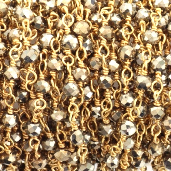 Natural Pyrite 3mm Faceted Rondelles Rosary Chain Sterling Silver with Gold Plating Wire Wrap Chain by the Foot