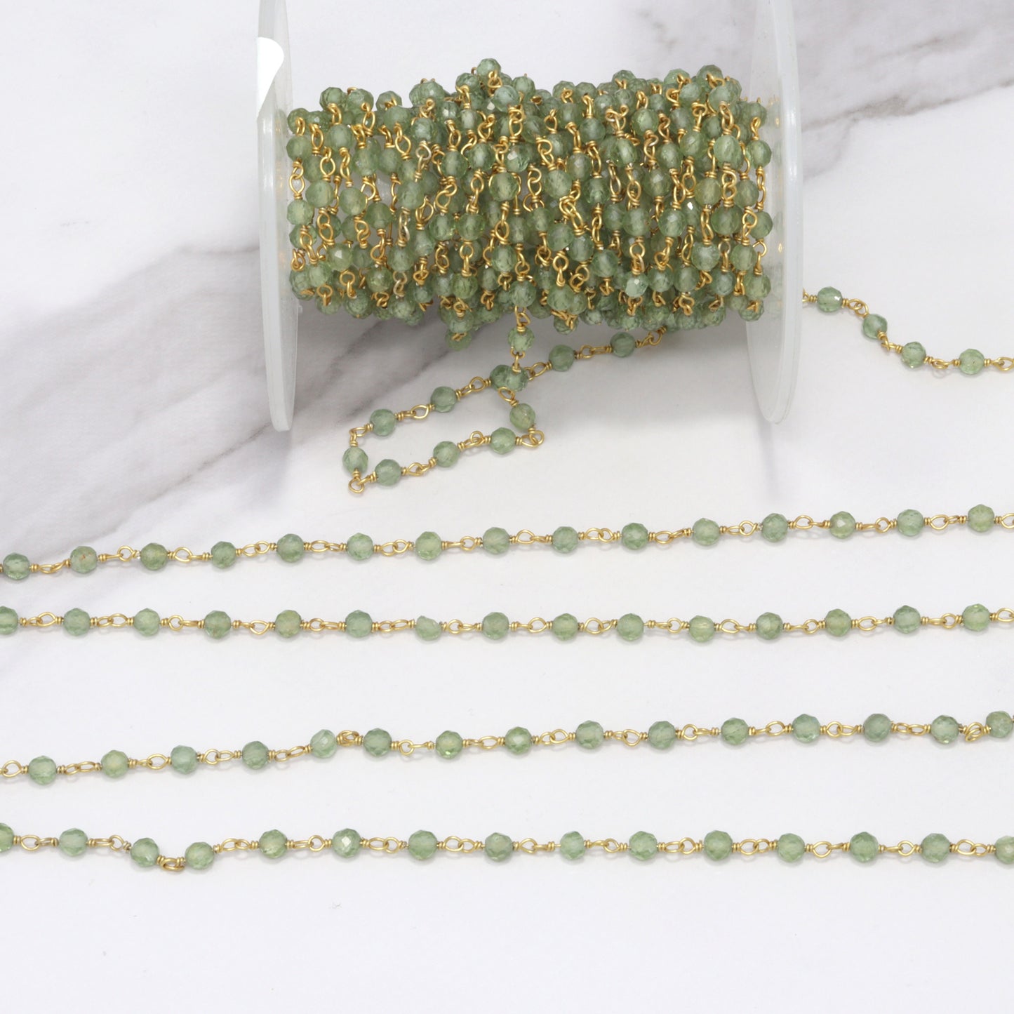 Green Apatite 3mm Faceted Rounds Rosary Chain Sterling Silver with Gold Plating Wire Wrap Chain by the Foot