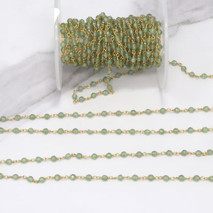Green Apatite 3mm Faceted Rounds Rosary Chain Sterling Silver with Gold Plating Wire Wrap Chain by the Foot