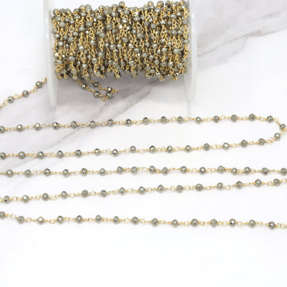 Natural Pyrite 3mm Faceted Rondelles Rosary Chain Sterling Silver with Gold Plating Wire Wrap Chain by the Foot