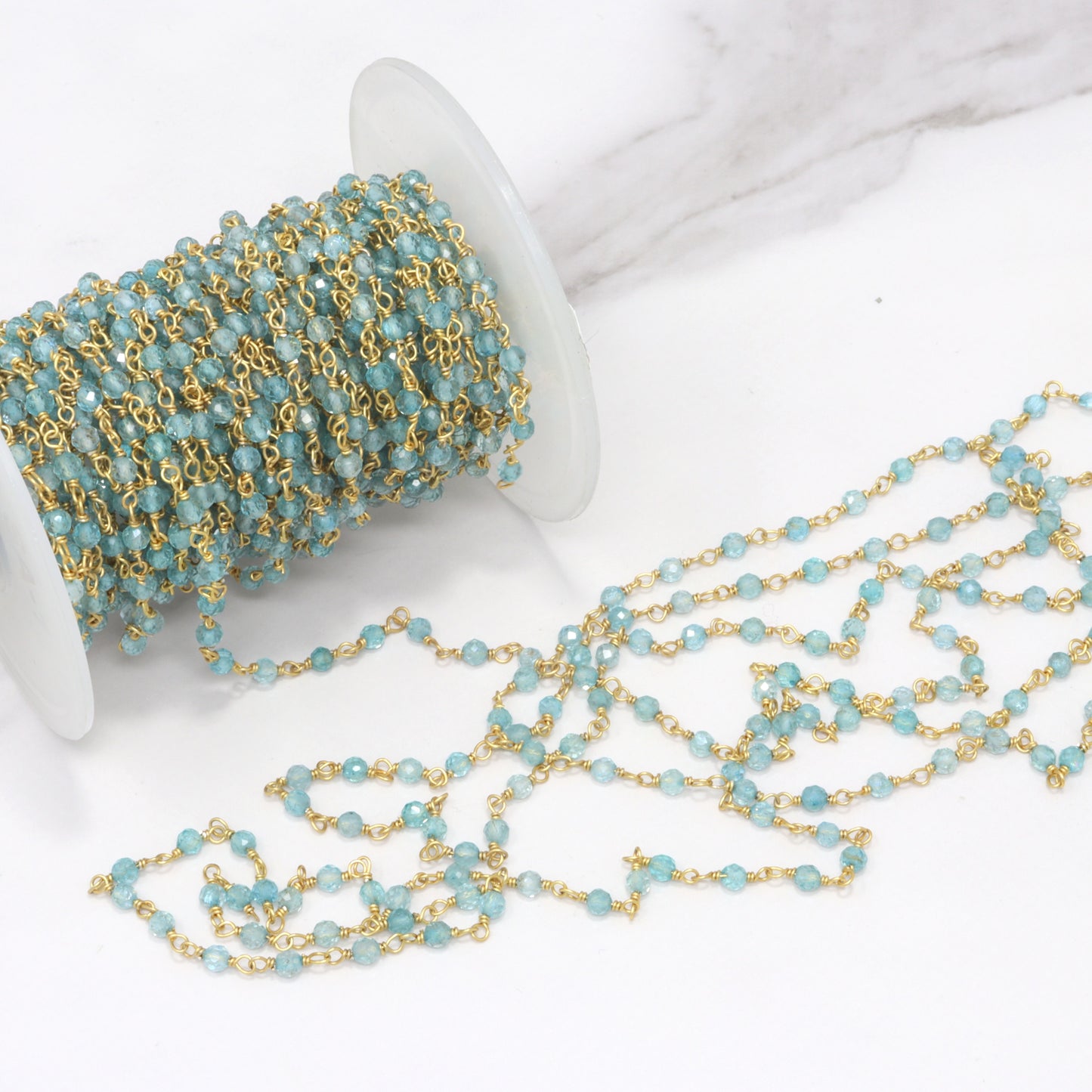 Sea Blue Apatite 3mm Faceted Rounds Rosary Chain Sterling Silver with Gold Plating Wire Wrap Chain by the Foot