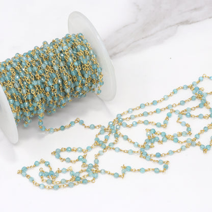 Sea Blue Apatite 3mm Faceted Rounds Rosary Chain Sterling Silver with Gold Plating Wire Wrap Chain by the Foot