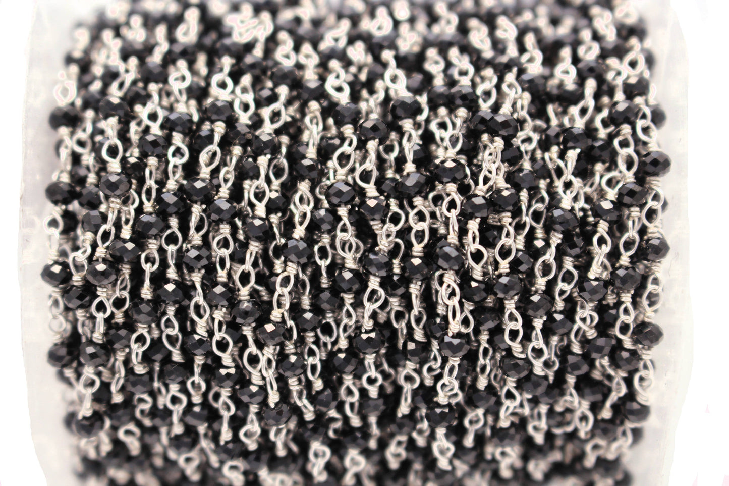 Black Spinel 2.5mm Faceted Rondelles Rosary Chain Sterling Silver Wire Wrap Chain by the Foot