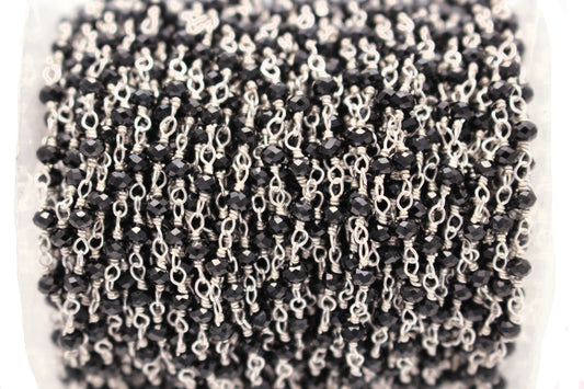 Black Spinel 2.5mm Faceted Rondelles Rosary Chain Sterling Silver Wire Wrap Chain by the Foot