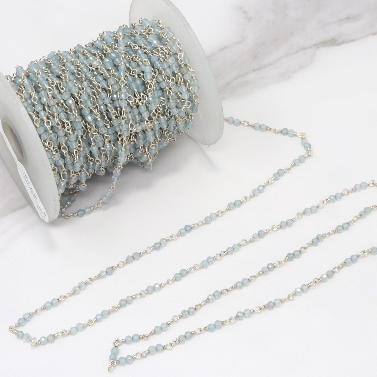 Blue Milky Aquamarine 2.5mm Faceted Rounds Double Bead Rosary Chain Sterling Silver Wire Wrap Chain by the Foot