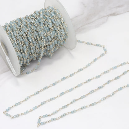 Blue Milky Aquamarine 2.5mm Faceted Rounds Double Bead Rosary Chain Sterling Silver Wire Wrap Chain by the Foot