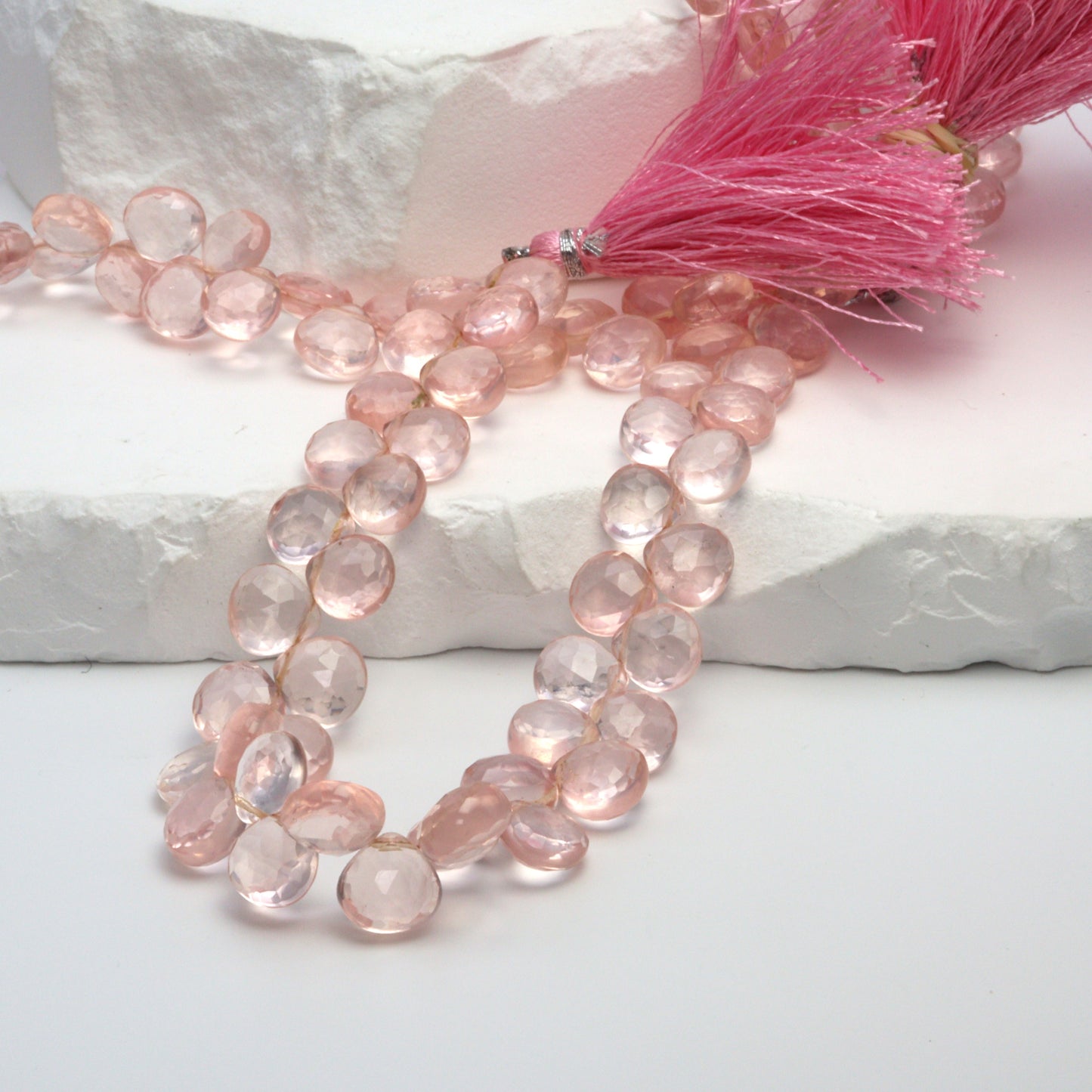 Pink Rose Quartz 8mm Faceted Heart Shaped Briolettes Bead Strand