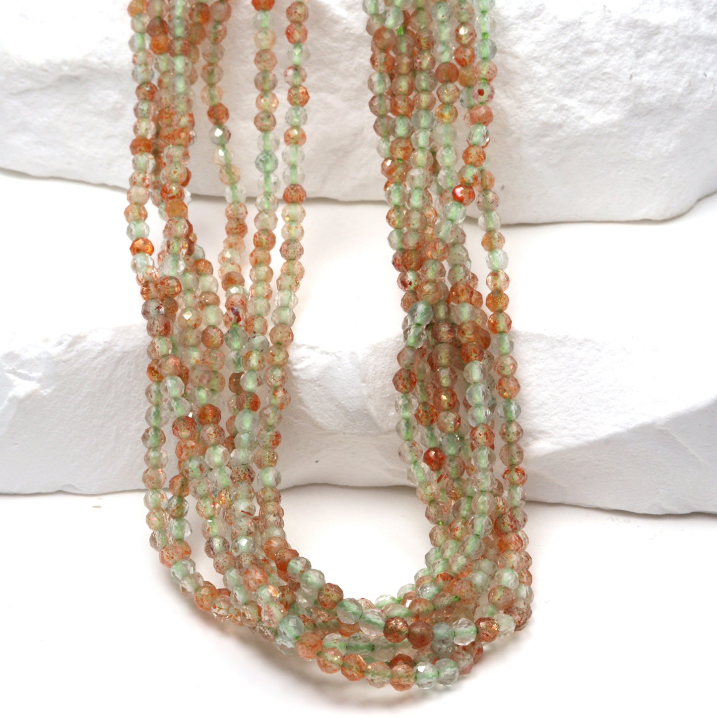 Orange and Green Sunstone 2mm Faceted Rounds Bead Strand