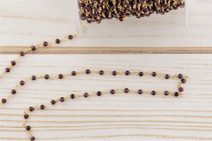 Red Garnet 2.5mm Faceted Rondelles Rosary Chain Sterling Silver with Gold Plating Wire Wrap Chain by the Foot