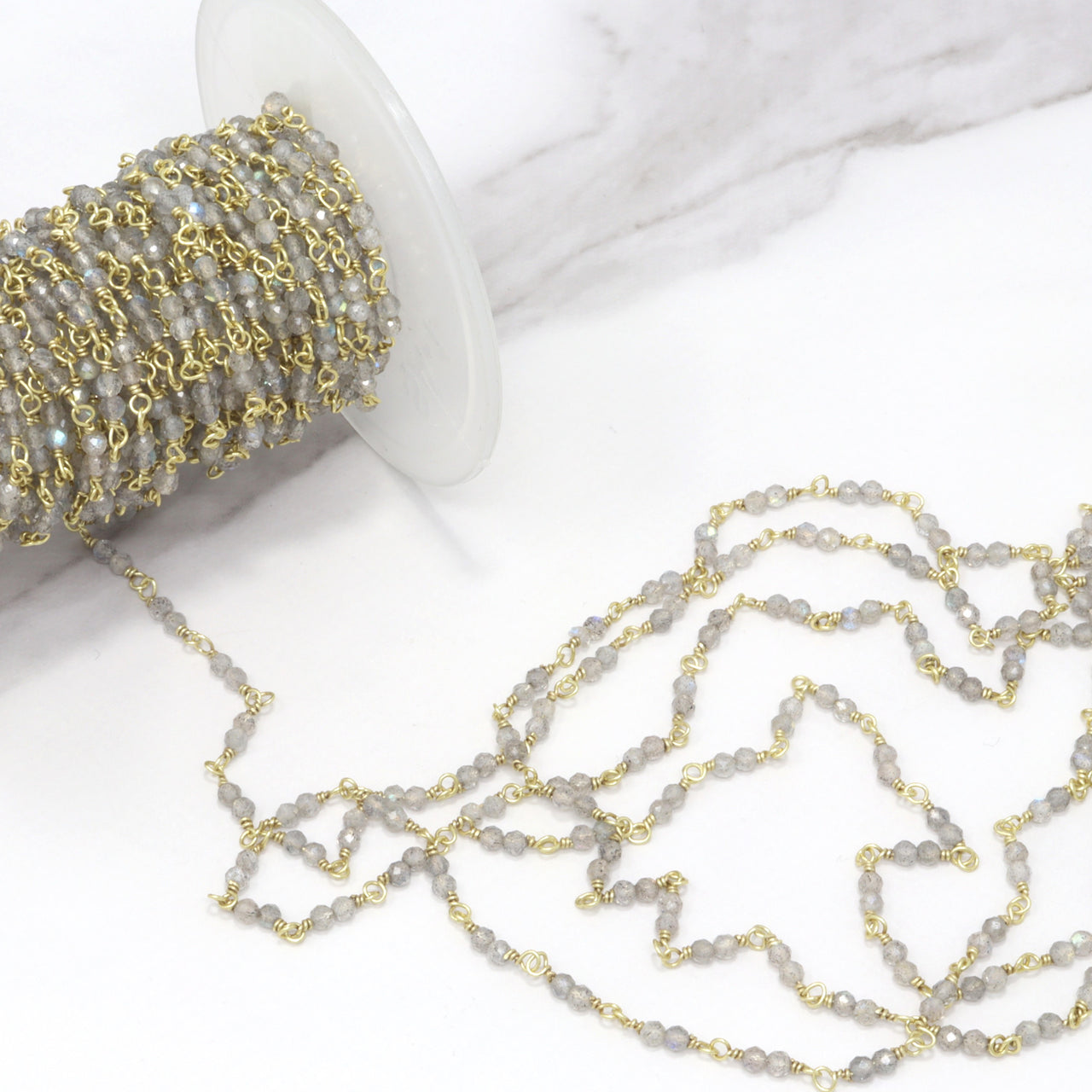 Blue Labradorite 2.5mm Faceted Rounds Double Rosary Chain Sterling Silver with Gold Plating Wire Wrap Chain by the Foot