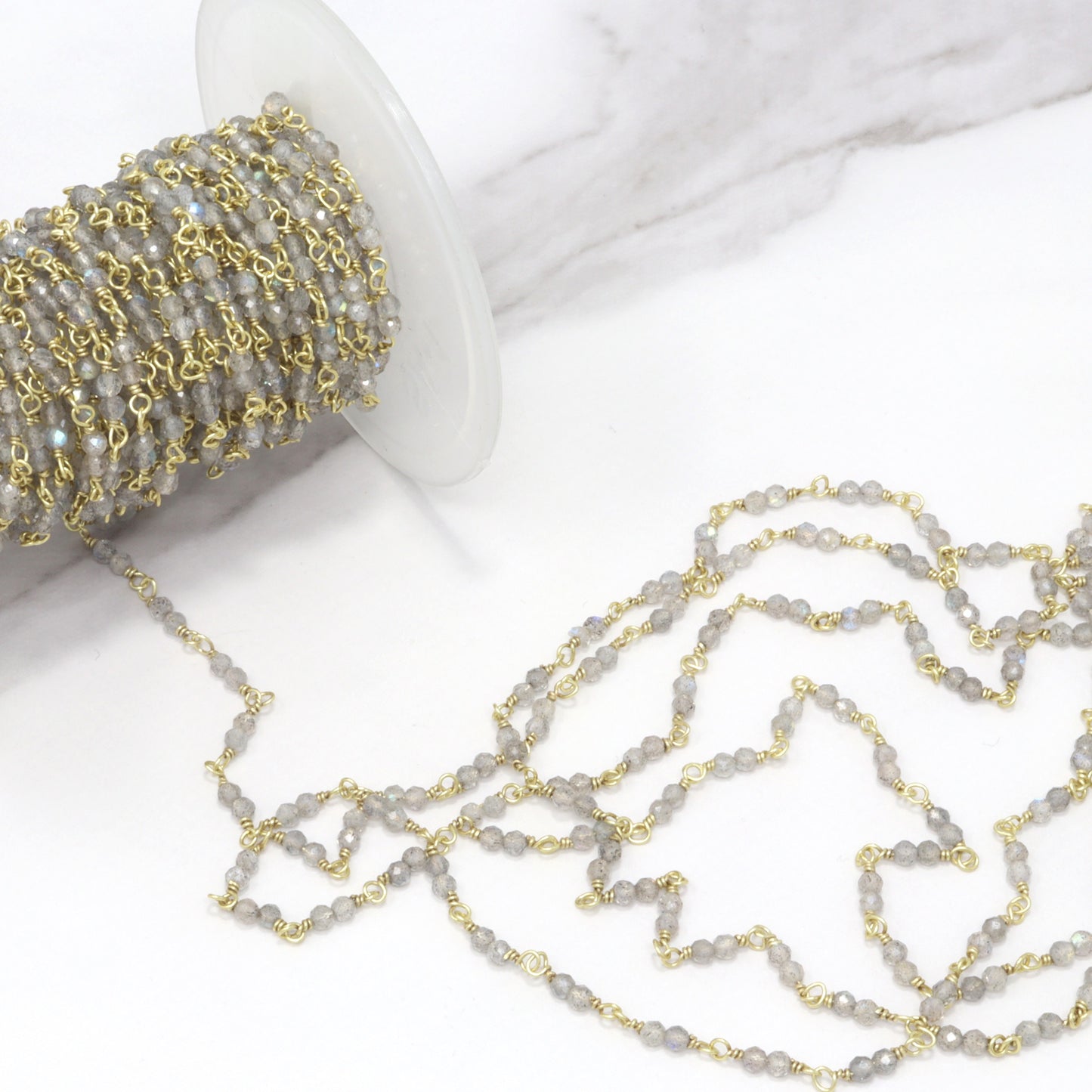 Blue Labradorite 2.5mm Faceted Rounds Double Rosary Chain Sterling Silver with Gold Plating Wire Wrap Chain by the Foot