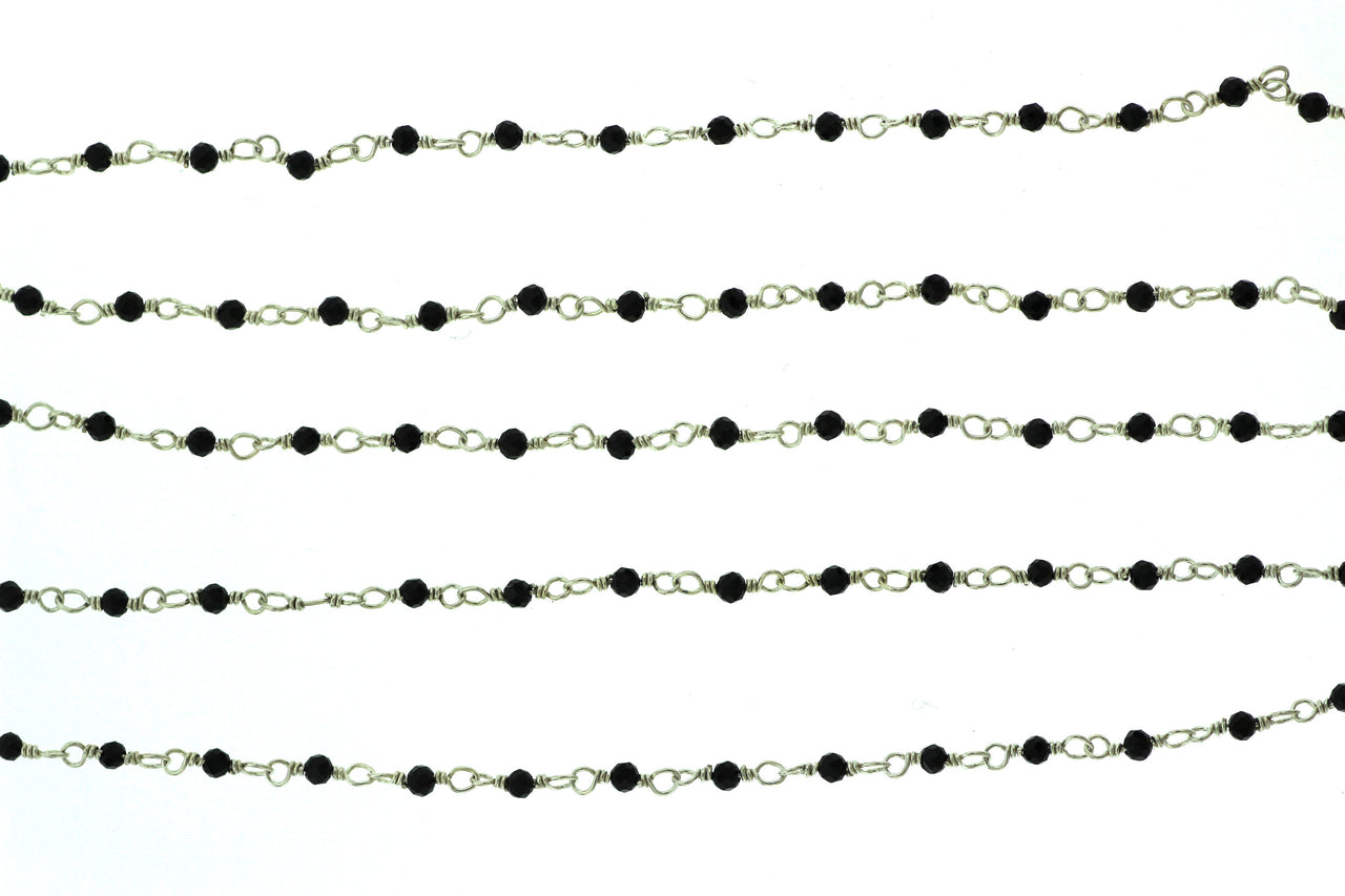 Black Spinel 2mm Faceted Rounds Rosary Chain Sterling Silver Wire Wrap Chain by the Foot