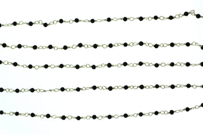 Black Spinel 2mm Faceted Rounds Rosary Chain Sterling Silver Wire Wrap Chain by the Foot