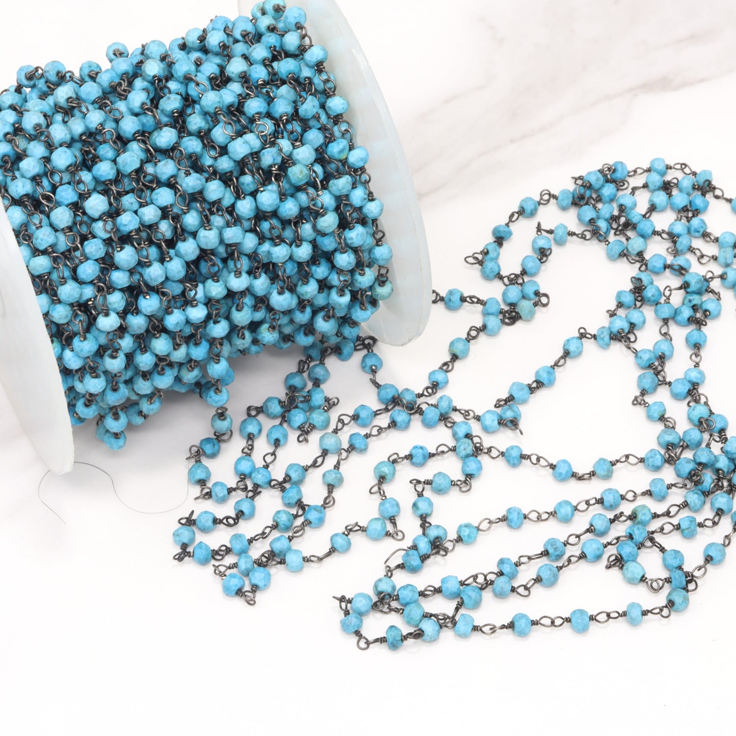 Blue Turquoise (R) 4mm Faceted Rondelles Rosary Chain Sterling Silver with Black Rhodium Plating Wire Wrap Chain by the Foot