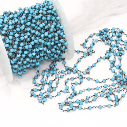Blue Turquoise (R) 4mm Faceted Rondelles Rosary Chain Sterling Silver with Black Rhodium Plating Wire Wrap Chain by the Foot