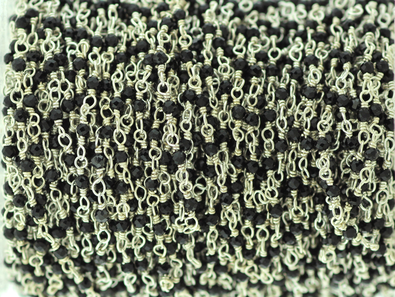 Black Spinel 2mm Faceted Rounds Rosary Chain Sterling Silver Wire Wrap Chain by the Foot