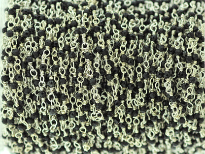 Black Spinel 2mm Faceted Rounds Rosary Chain Sterling Silver Wire Wrap Chain by the Foot