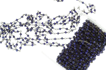 Dark Blue Lapis Lazuli 3mm Faceted Rondelles Rosary Chain Sterling Silver with Black Rhodium Plating Wire Wrap Chain by the Foot