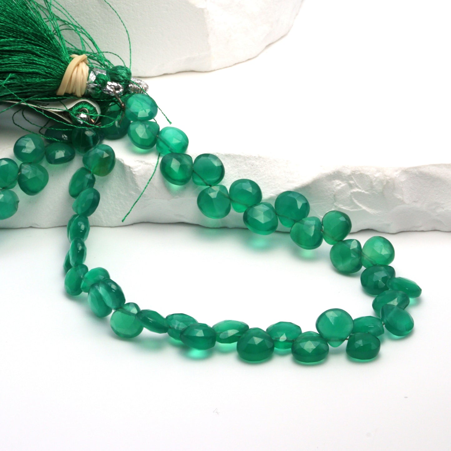 Green Onyx 7mm Faceted Heart Shaped Briolettes Bead Strand