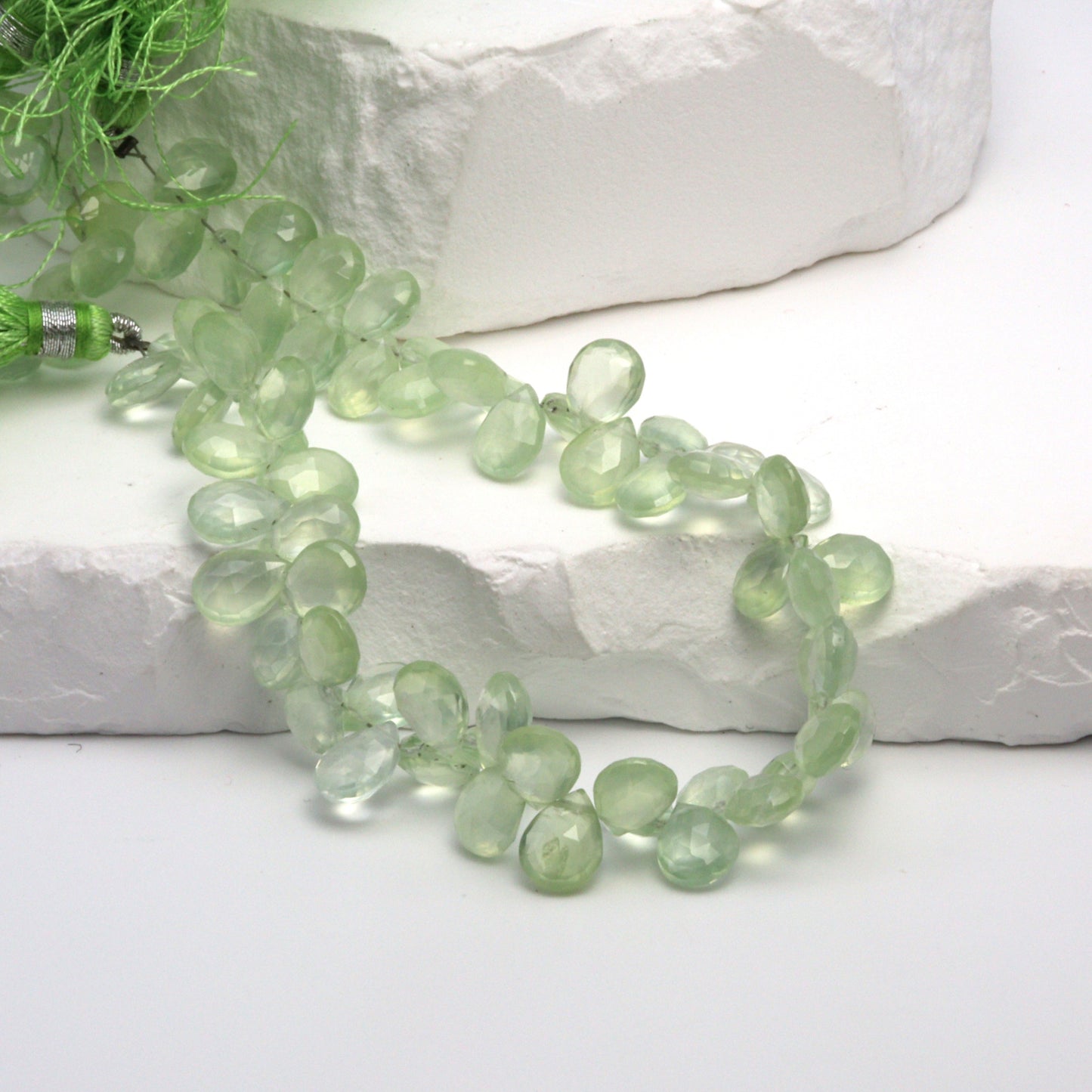 Green Prehnite 9x7mm Faceted Pear Shaped Briolettes Bead Strand