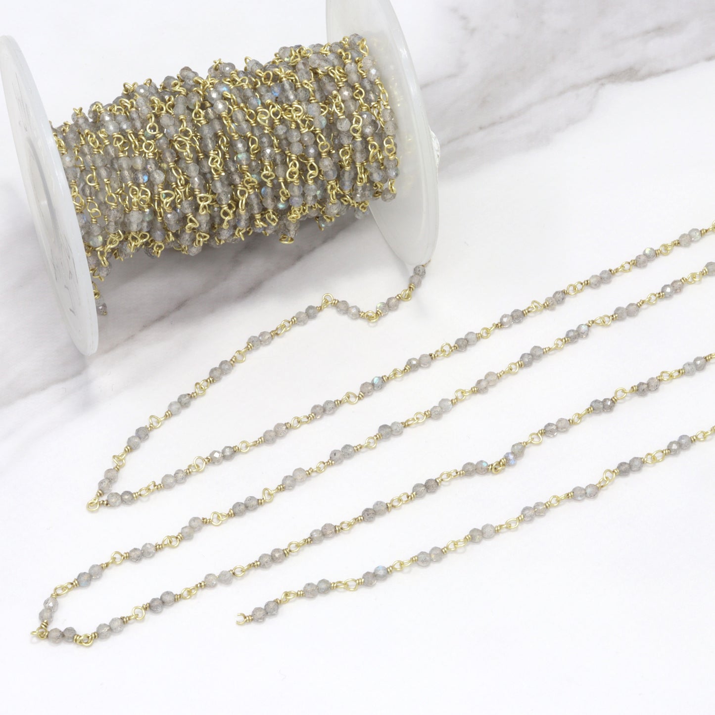 Blue Labradorite 2.5mm Faceted Rounds Double Rosary Chain Sterling Silver with Gold Plating Wire Wrap Chain by the Foot