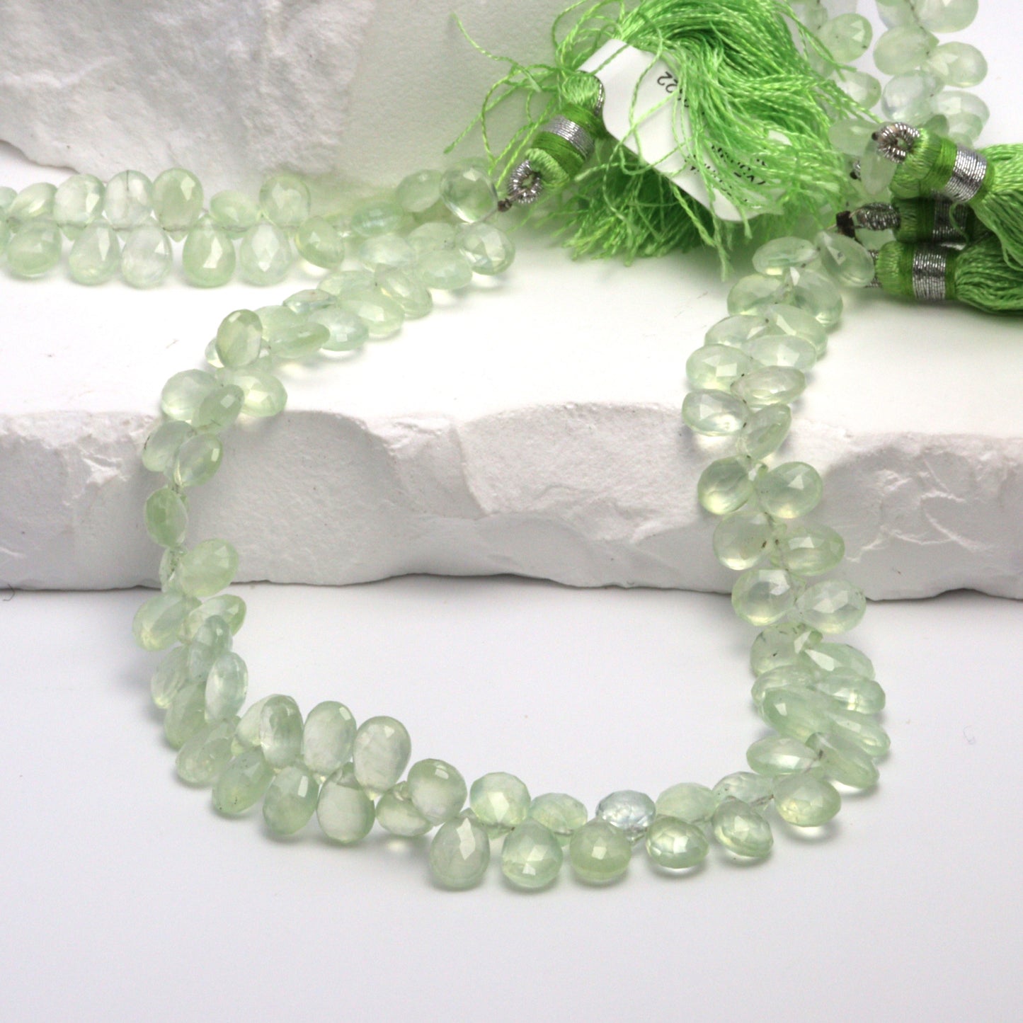 Green Prehnite 7x5mm Faceted Pear Shaped Briolettes