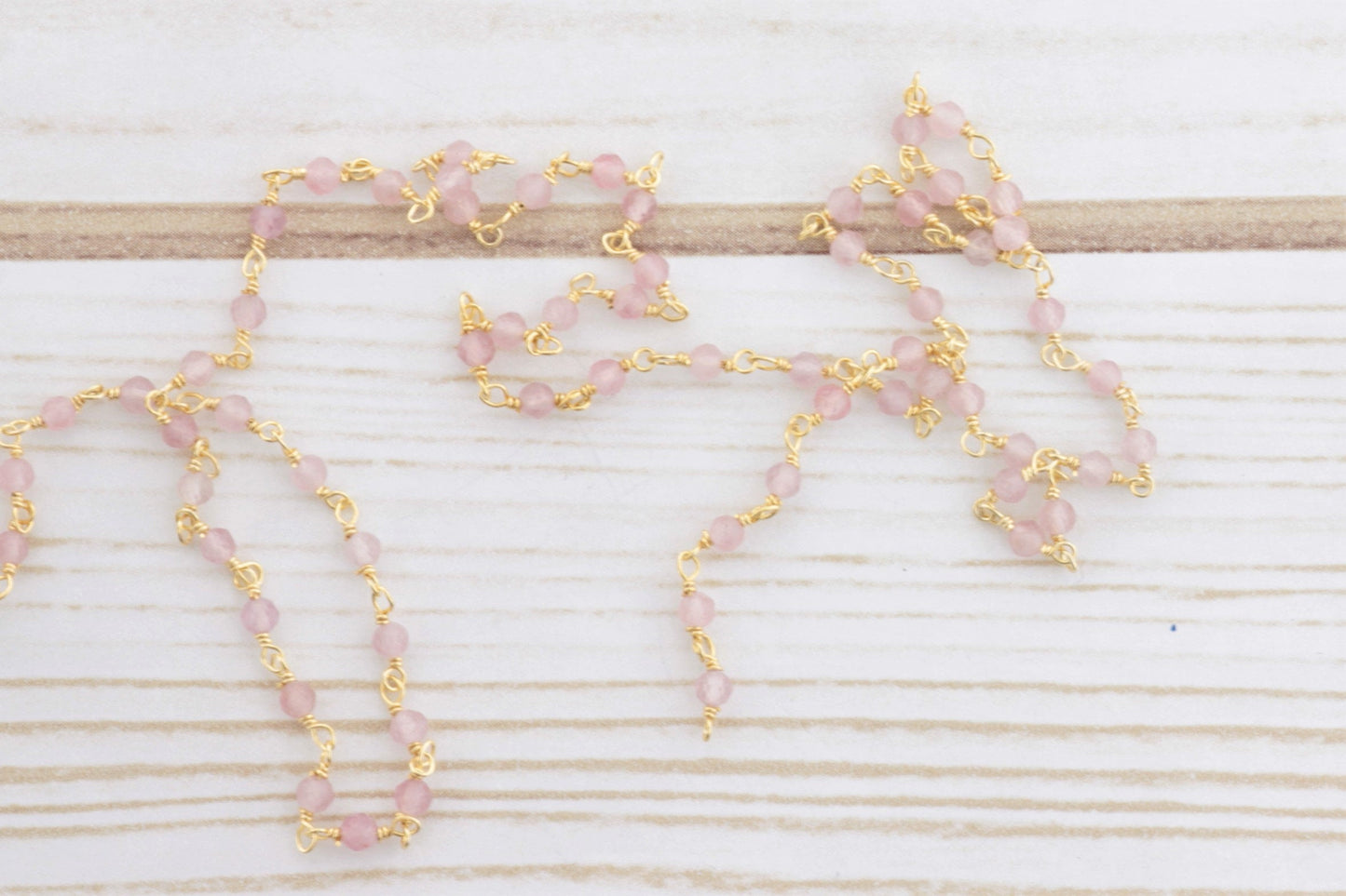 Pink Rose Quartz 3mm Faceted Rounds Rosary Chain Sterling Silver with Gold Plating Wire Wrap Chain by the Foot