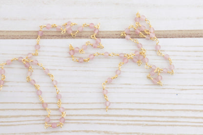 Pink Rose Quartz 3mm Faceted Rounds Rosary Chain Sterling Silver with Gold Plating Wire Wrap Chain by the Foot