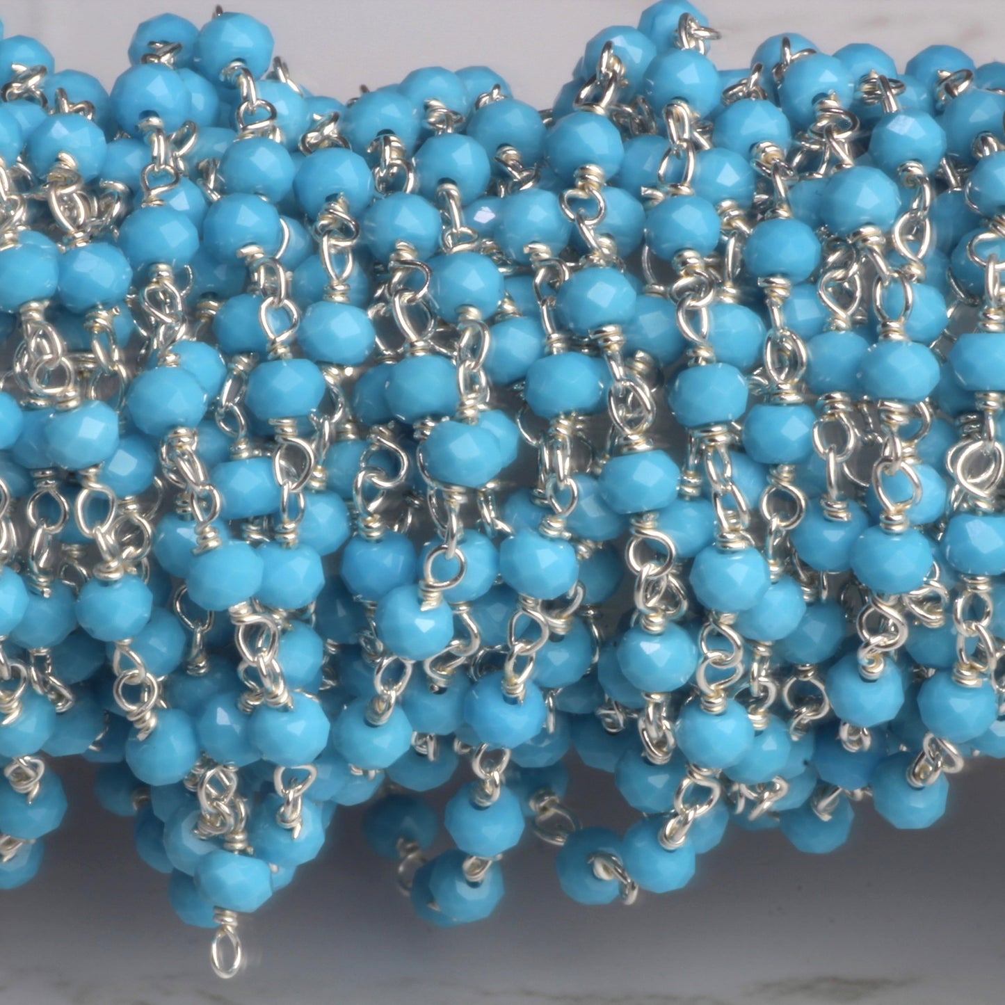 Blue Turquoise (R) 3mm Faceted Rondelles Rosary Chain Sterling Silver Wire Wrap Chain by the Foot