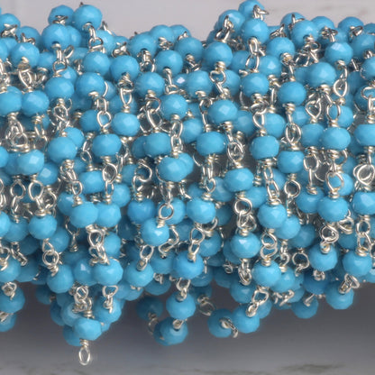 Blue Turquoise (R) 3mm Faceted Rondelles Rosary Chain Sterling Silver Wire Wrap Chain by the Foot
