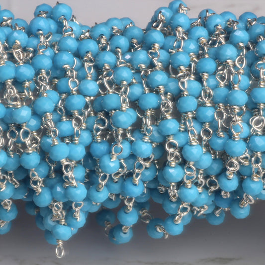 Blue Turquoise (R) 3mm Faceted Rondelles Rosary Chain Sterling Silver Wire Wrap Chain by the Foot