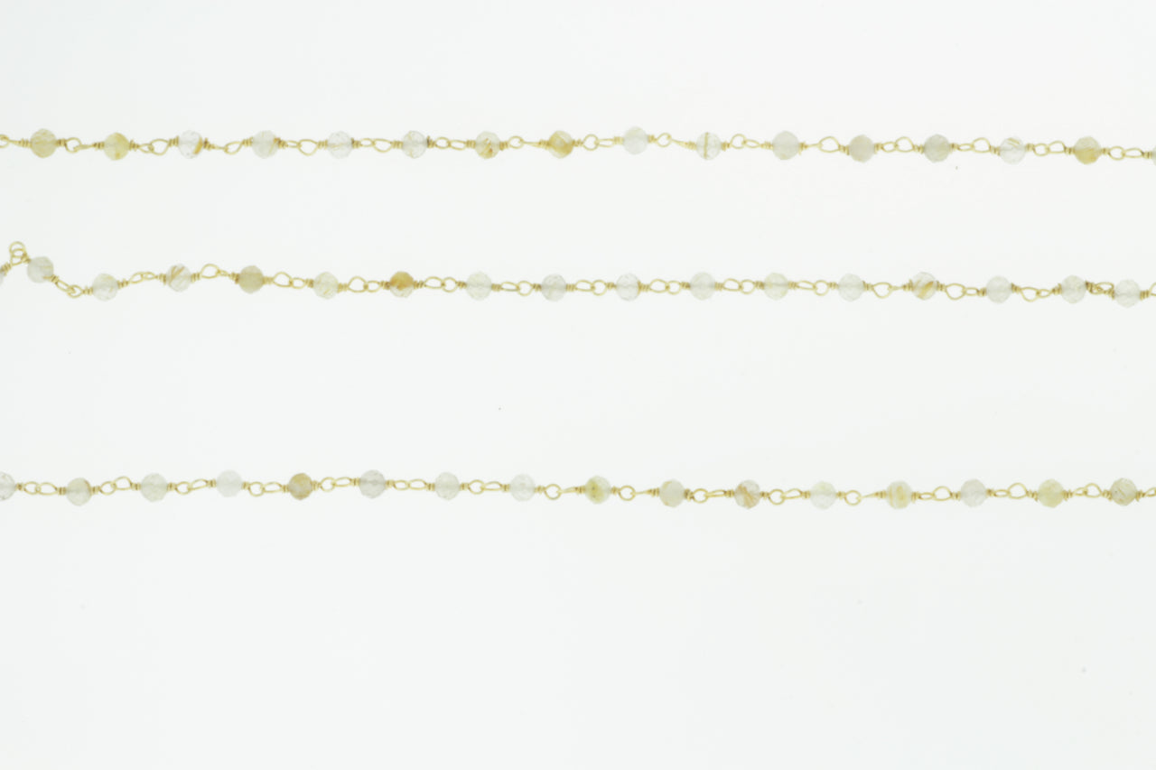 Golden Rutilated Quartz 3mm Faceted Rounds Rosary Chain Sterling Silver with Gold Plating Wire Wrap Chain by the Foot