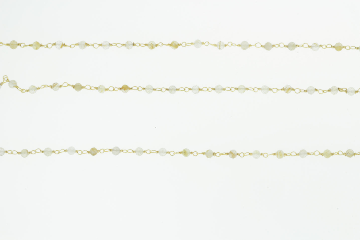 Golden Rutilated Quartz 3mm Faceted Rounds Rosary Chain Sterling Silver with Gold Plating Wire Wrap Chain by the Foot