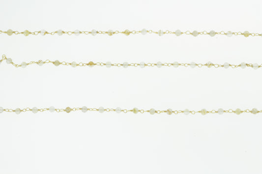 Golden Rutilated Quartz 3mm Faceted Rounds Rosary Chain Sterling Silver with Gold Plating Wire Wrap Chain by the Foot