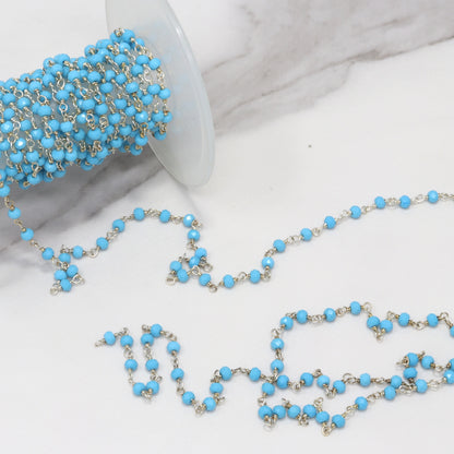 Blue Turquoise (R) 3mm Faceted Rondelles Rosary Chain Sterling Silver Wire Wrap Chain by the Foot