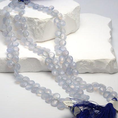 Natural Blue Chalcedony 8mm Faceted Heart Shaped Briolettes Bead Strand